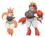 anthro armwear big_breasts blue_eyes bottomwear breasts claws clothing corphish crawdaunt duo female generation_3_pokemon hi_res hood hoodie huge_breasts jacket nintendo pokeball pokemon pokemon_(species) red_body shorts simple_background star tail topwear urusee584 white_background