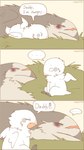 age_difference anthro avian beak bird comic dialogue digital_media_(artwork) ellipsis eyes_closed feathers female grey_body grey_feathers hi_res male nest pegu2726 procellariiform scar simple_background speech_bubble tail white_body white_feathers wings young younger_female