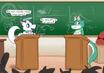 2024 2_horns absurd_res ambiguous_species anthro backpack blush chalkboard classroom dialogue duo_focus english_text felino female floor green_body green_eyes green_horn green_scales green_scarf green_sclera group halo hi_res horn kobold looking_away male motion_lines onomatopoeia panazel_maria pink_body pink_horn pink_scales pink_scarf podium pointer scales scalie scarf school sephis_aircetlan silhouette sound_effects speech_bubble text tile tile_floor white_body white_eyes white_horn white_scales white_scarf