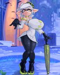 2024 animal_humanoid big_breasts breasts cephalopod cephalopod_humanoid clothed clothing colored dated digital_media_(artwork) ear_piercing ear_ring english_text exposed_shoulder female fully_clothed hair hat headgear headwear hi_res huge_breasts humanoid humanoid_pointy_ears inkling marie_(splatoon) marine marine_humanoid mollusk mollusk_humanoid nintendo nipple_outline piercing pseudo_hair ring_piercing shaded signature small_waist snao solo splatoon tentacle_hair tentacles text thick_thighs umbrella white_hair wide_hips