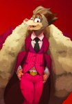 3rdharleyjoe 5_fingers american_opossum anthro claws clothing coat dress_shirt fingers hi_res looking_at_viewer male mammal marsupial necktie pockets red_(3rdharleyjoe) red_background red_clothing red_eyes red_suit sharp_teeth shirt simple_background solo stylish suit teeth thumbs_in_pockets topwear virginia_opossum