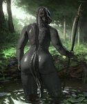 2024 anthro argonian armlet artist_name big_butt biped butt clothing dark_body dark_scales dark_tail day detailed_background digital_drawing_(artwork) digital_media_(artwork) female glistening glistening_body glistening_butt glistening_scales grey_body grey_scales grey_tail hi_res holding_melee_weapon holding_object holding_polearm holding_spear holding_weapon horn melee_weapon microsoft monotone_body monotone_scales monotone_tail mouth_closed multi_horn nude nude_anthro nude_female outside partially_submerged plant polearm pose rear_view scales scalie snout solo sonazith spear standing standing_in_water straight_legs swimwear tail the_elder_scrolls thick_thighs tree water water_ripple weapon