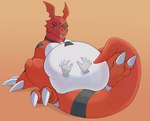 2023 absurd_res ambiguous_gender arm_support bandai_namco belly belly_rub belly_squish big_belly black_markings blep claws digimon digimon_(species) digital_media_(artwork) disembodied_hand duo eyes_closed fangs feet feral finger_claws guilmon hand_on_belly happy head_wings hi_res lying markings multicolored_body obese obese_ambiguous obese_feral on_back orange_background overweight overweight_ambiguous overweight_feral red_body reptile rubbing scalie semi-anthro simple_background smile solo_focus squish tail teeth toe_claws tongue tongue_out unusual_wing_placement white_belly white_body wings xeniyy