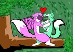 @///@ anthro blush digital_media_(artwork) duo fur heart_symbol ibispaint_(artwork) kissing machine male male/male mint_fur pink_body pink_fur plant protogen simple_background starzytheprotogen233 tree white_body white_fur wings