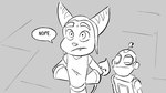 allveryhushhush anthro black_and_white clank_(ratchet_and_clank) comic duo felid feline greyscale hand_behind_back humanoid insomniac_games lombax machine male mammal monochrome ratchet_(ratchet_and_clank) ratchet_and_clank robot sony_corporation sony_interactive_entertainment speech_bubble standing stare