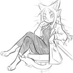 1:1 4_ears 4_eyes alien arm_support barefoot black_clothing breasts circle_eyebrows clothing coat crossed_legs eyebrows feet felid female hair hi_res inner_ear_fluff lab_coat leaning_on_elbow long_hair looking_at_viewer mammal monochrome multi_breast multi_ear multi_eye sabi_(tateoftot) sitting sketch skinsuit smile smiling_at_viewer solo tail tail_tuft tateoftot tight_clothing topwear tuft whiskers white_clothing