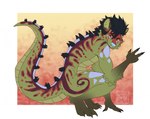 2019 anthro black_hair blue_nose canid crouching dated fur gesture glistening glistening_eyes green_body green_fur hair hand_gesture hybrid looking_at_viewer male mammal markings nude red_eyes red_markings scalie short_hair side_view smile solo spiked_tail spikes spikes_(anatomy) tail tiggybloom v_sign