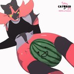 1:1 2023 2d_animation animated anthro biped black_body black_fur blue_eyes catober catober_2023 clothing felid feliscede female food fruit fur generation_7_pokemon incineroar mammal melon nintendo plant pokemon pokemon_(species) red_body red_fur short_playtime simple_background solo thick_thighs white_background