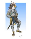 2024 anthro armor avian bartek22 beak belt belt_buckle boots border bottomwear brown_body brown_feathers buckle clothing couter cuisse dated digital_media_(artwork) ears_up feathers footwear gambeson gauntlets gloves gorget gradient_background grey_body grey_feathers gryphon handwear hi_res holding_melee_weapon holding_object holding_sword holding_weapon inner_ear_fluff looking_aside male medieval_armor melee_weapon mythological_avian mythological_creature mythology pants pauldron plackart plate_armor poleyn scabbard schynbalds shoes signature simple_background solo straps sword tuft vambrace weapon white_body white_border white_feathers yellow_beak yellow_eyes