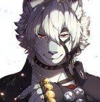 2024 absurd_res anthro canid canine canis clothed clothing dipstick_ears ear_markings fingers fur hair hi_res inner_ear_fluff looking_at_viewer male mammal mihoyo multicolored_ears red_eyes solo tach8 tuft von_lycaon white_body white_fur white_hair wolf zenless_zone_zero