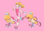 alternate_costume alternate_hairstyle ambiguous_gender blonde_hair blue_eyes bodysuit bottomwear clothing ear_piercing ear_ring female feral footwear group hair hi_res human jewelry knee_pads koopa koopa_troopa leotard long_hair looking_at_viewer mammal mario_bros multiple_others nintendo open_mouth piercing pink_background pink_bodysuit pink_bottomwear pink_clothing pink_footwear pink_leotard pink_shorts pink_skinsuit pink_wristband ponytail princess_peach quad_skates reptile ring_piercing rolla_koopa roller_skates saiwo_(saiwoproject) scalie short_sleeves shorts simple_background skinsuit sphere_earrings super_mario_bros_wonder tight_clothing trio turtle white_background workout_clothes