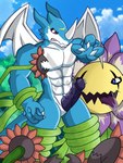 3:4 ambiguous_gender anthro bandai_namco blossomon digimon digimon_(species) dragokaizer666 duo elemental_creature exveemon flora_fauna genitals hi_res male muscular muscular_anthro muscular_male pecs_bite penis plant restrained restrained_by_tentacles tentacle_around_leg tentacles vein veiny_penis vine_tentacles vines