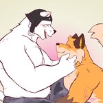 1:1 anthro bear blush canid canine digital_drawing_(artwork) digital_media_(artwork) duo epic_games fennix_(fortnite) fortnite fox fur half_naked hi_res male male/male mammal musclegut muscular nipples orange_body orange_fur polar_bear polar_patroller renuz smile tail ursine white_body white_fur yellow_eyes