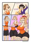 anthro athletic athletic_female big_breasts bottomwear breast_expansion breast_growth breasts butt butt_expansion cleavage clothed clothing comic dialogue dreamerknight drinking duo english_text expansion eyelashes eyewear female furgonomics gender_transformation glasses growth hi_res human human_to_anthro lagomorph leporid male mammal motion_lines mtf_transformation muscular muscular_female oblivious paws rabbit shirt shorts species_transformation tank_top text thick_thighs topwear transformation wide_hips