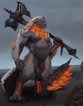 axe balls bazelgeuse capcom dragon flaccid flying_wyvern foreskin genitals hi_res holding_axe holding_object humanoid_genitalia humanoid_penis looking_at_viewer male monster_hunter musclegut muscular mythological_creature mythological_scalie mythology navel nipples nude pecs penis reddyrennard scalie solo