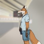 1:1 airport anthro blurred_background breath canid canine clock clothed clothing eyewear fox fur furgonomics glasses heat_(temperature) hi_res information_board male mammal outside overheated panting public rayfkm satchel solo sound_effects standing tongue tongue_out watch