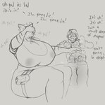 absurd_res amadchief anthro areola big_breasts breasts clothed clothing dialogue dog_tags duo english_text felid female fully_clothed hi_res huge_breasts human male mammal nipples panicking pantherine shrapnel text thick_thighs tiger wounded