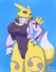 3_fingers absurd_res anthro bandai_namco big_breasts big_ears black_nose black_sclera blue_dingolf blue_eyes bodysuit breasts claws cleavage clothed clothing digimon digimon_(species) female fingers hand_on_hip hi_res hoodie jacket looking_at_viewer neck_tuft renamon side_boob skinsuit solo tail tight_clothing topwear tuft zipper