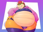 2024 2_horns anthro belly belly_overhang belly_scales big_belly biped bowser bowser_day bulge claws clothing cropped_hoodie curved_horn digital_media_(artwork) eyebrows femboy front_view green_body grin hair hand_on_hip hi_res hoodie horn huge_hips huge_thighs koopa legwear looking_at_viewer male mario_bros meme meme_clothing moobs nintendo obese obese_anthro obese_male one_eye_closed overweight overweight_anthro overweight_male paggi_outfit panties pear-shaped_figure pinup portrait pose raised_eyebrow red_eyes red_hair scales scalie seductive sharp_teeth shell simple_background skull_panties skull_print smile smiling_at_viewer smug solo standing tan_belly tan_body teeth thick_thighs thigh_highs three-quarter_portrait tight_clothing topwear underwear vetoknox wide_hips wink yellow_body