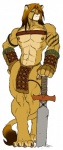 anthro armor bottomwear clothing convincing_weapon cougar digital_media_(artwork) eye_patch eyewear felid feline gideon gideon's_bestiary hi_res leaning loincloth male mammal melee_weapon muscular muscular_anthro muscular_male nipples pose simple_background solo strap_across_chest sword tail tail_tuft thick_thighs tuft weapon white_background wide_hipped_male wide_hips