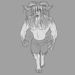 1:1 anthro awarebear bottomwear bovid caprine clothed clothing dripping grey_background hair hooves horn long_hair male mammal monochrome muscular muscular_anthro muscular_male navel nipples shorts simple_background solo spikes topless walking werecaprine werecreature wet