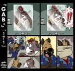 accident angry annoyed anthro at_work bald_spots black_dot_eyes black_nose bodily_fluids brown_body brown_fur brown_hair canid canine canis car_alarm clothed clothing comic dialogue domestic_dog duo electric_razor exclamation_point fangs fur gab_(comic) gabshiba hair hair_trimming hyena jumpsuit laugh male mammal mirror personal_grooming pictographics pink_nose pit_bull razor ruff_bull spotted_hyena startled styling_hair sweat sweatdrop teeth text throwing_object tools towel trimming_(grooming) url