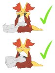 3:4 3_fingers anthro breasts delphox duo exposed_breasts featureless_breasts female fingers fur game_freak generation_6_pokemon hi_res holding_object human inner_ear_fluff laverne_3r male male_human mammal nintendo pokemon pokemon_(species) red_body red_eyes red_fur sitting smile solo tail tuft yellow_body yellow_fur