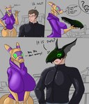 2022 android anthro big_breasts bottomless breasts clothed clothing comic dialogue duo english_text featureless_crotch female finth_(skiesofsilver) fully_clothed greeting hi_res hoodie hoodie_only huge_breasts human imminent_transformation machine male mammal mask rep_(skiesofsilver) robot synth_(vader-san) tail text topwear topwear_only vf-01s