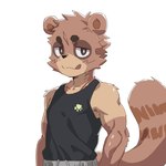 anthro biceps canid canine clothing leeksaltboy male mammal muscular muscular_male raccoon_dog shirt simple_background solo tank_top tanuki tanuki_kun_(leeksaltboy) tongue tongue_out topwear white_background