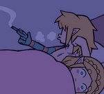 after_sex after_sex_smoking ayyk92 bed blank_stare blonde_hair blush blush_stickers cigarette duo female furniture green_eyes hair holding_cigarette holding_object humanoid humanoid_pointy_ears hylian i_love_when_ppl_draw_ships_like_this link male meme nintendo not_furry nude on_bed pointy_ears princess_zelda purple_background simple_background smoking tears_of_the_kingdom the_legend_of_zelda traumatized under_covers