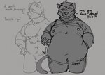 anthro belly big_belly butterontoast domestic_cat english_text felid feline felis male mammal moobs obese obese_male overweight overweight_male rumbling_stomach solo text toast_(butterontoast) weight_gain