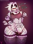 3:4 absurd_res alternative_fashion anthro asriel_dreemurr asriel_dreemurr_(god_form) balls big_penis black_sclera boss_monster_(undertale) bovid bulge caprine clothed clothing cozymun crossdressing dialogue digital_media_(artwork) ear_piercing english_text femboy fishnet_clothing fur genitals goat goth hair hi_res horn humanoid_genitalia humanoid_penis long_ears male male_anthro mammal penis piercing pupils simple_background solo spikes text thick_thighs undertale undertale_(series) url white_body white_fur white_pupils wide_hips