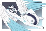 2019 anthro black_sclera blue_eyes blue_hair blue_markings blue_wings canid dated dragon feathered_wings feathers fur hair hybrid lying male mammal markings multicolored_hair mythological_creature mythological_scalie mythology nude on_back scalie solo tiggybloom two_tone_hair white_body white_fur white_hair white_wings wings