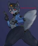 absurd_res anthro butt butt_pose canid canine clothing english_text female fox furgonomics gun hat headgear headwear hi_res kingdoujin mammal pose profanity ranged_weapon red_eyes solo text weapon