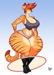 absurd_res anthro big_breasts bottomwear breasts cleavage clothed clothing crop_top domestic_cat felid feline felis female fur gender_transformation green_eyes hair hand_on_hip hand_on_leg hand_on_thigh hi_res hoop hoop_transformation huge_breasts huge_hips huge_thighs hyper hyper_hips hyper_thighs jaeh leg_markings loree mammal markings midriff mtf_transformation orange_body orange_fur red_hair shirt shorts small_waist smile socks_(marking) solo striped_markings stripes thick_thighs topwear transformation transformation_ring wide_hips