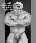 absurd_res anthro balls big_muscles big_pecs bird_dog bulge canid canine canis dialogue doggonut domestic_dog english_text eyewear fur genitals glasses golden_retriever hi_res hunting_dog long_ears looking_at_viewer male mammal mature_male monochrome muscular muscular_anthro muscular_male navel nipples nude pecs pubes retriever simple_background solo text