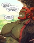 absurd_res big_pecs bodily_fluids body_hair cave chest_hair clothing dialogue digital_media_(artwork) english_text ganondorf gerudo ghangaji green_body green_skin hair hi_res humanoid male mammal muscular muscular_male nintendo nipples not_furry pecs red_hair restraints rope solo speech_bubble sweat tears_of_the_kingdom text the_legend_of_zelda