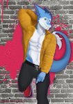 abs anthro austintgarts bottomwear clothing coat english_text footwear hi_res leaning_on_wall male muscular pants pecs sergal shoes solo text topwear traviss_(character)