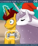 blush brown_hair christmas christmas_clothing christmas_headwear clothing controller crossover dialogue duo english_text equid equine eyes_closed fan_character female feral friendship_is_magic fur game_controller green_eyes hair hasbro hat headgear headwear holidays horn john_joseco kissing kissing_bough magic male mammal mistletoe my_little_pony mythological_creature mythological_equine mythology orange_body orange_fur pink_hair plant princess princess_celestia_(mlp) princess_molestia royalty santa_hat text unicorn white_body white_fur