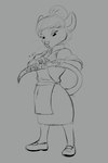 2022 anthro apron claws clothing digit_ring dress ear_piercing female finger_claws footwear furgonomics greyscale hair half-closed_eyes hi_res jewelry looking_down mammal monochrome mouse murid muriel_(omny87) murine narrowed_eyes omny87 onomatopoeia piercing ponytail ring rodent rolled_up_sleeves shoes solo sound_effects standing tail tail_clothing tail_stocking text undressing wedding_ring whiskers