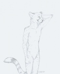 2011 anthro biped black_and_white cheetah featureless_crotch felid feline fist hand_behind_head kairithekat male mammal monochrome nude portrait simple_background sketch smile solo spots standing tail three-quarter_portrait whiskers white_background