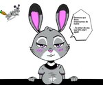 6:5 anthro blush blush_lines breasts bust_portrait cheek_tuft clothed clothing dipstick_ears disney ear_markings english_text facial_tuft female fur grey_clothing grey_shirt grey_topwear judy_hopps lagomorph leporid mammal multicolored_body multicolored_ears portrait purple_eyes rabbit shirt simple_background solo t-shirt talking_to_viewer text topwear tuft two_tone_body white_background zamparte zootopia