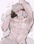 2023 abs absurd_res anthro areola armpit_hair blush body_hair bovid caprine fur hi_res hooves horn kogito male mammal muscular muscular_anthro muscular_male navel nipples pubes sheep simple_background solo white_background wool_(fur)