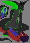 abdominal_bulge absurd_res animal_genitalia anthro big_ears big_penis big_tail black_body blue_eyes crouching crouching_cowgirl cutaway dragon duo eye_contact femboy foreskin genital_slit genitals green_markings green_pawpads green_sclera head_spikes hi_res holding_ankle holding_leg horn humanoid_genitalia humanoid_penis internal internal_frottage looking_at_another looking_pleasured luceiry lying male male/male markings multicolored_body muscular muscular_male mythological_creature mythological_scalie mythology pawpads paws penetration penis red_body scalie size_difference slit_penetration slit_play small_top_big_bottom spikes spikes_(anatomy) tail tapering_penis thick_thighs tongue tongue_out two_tone_body zaks zaks(artist)