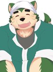 absurd_res anthro bandanna belly canid canine canis domestic_dog eyebrows eyes_closed fur green_body green_fur hi_res higa1232 kerchief lifewonders live_a_hero male mammal mokdai overweight smile solo thick_eyebrows