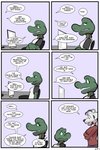 2:3 angie_(study_partners) anthro base_three_layout clothed clothing comic computer crocodile crocodilian crocodylid dialogue digital_media_(artwork) duo electronics english_text female grid_layout hi_res regular_grid_layout reptile scalie sitting six_frame_grid six_frame_image study_partners text three_row_layout thunderouserections toony