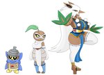 absurd_res anthro armwear asian_clothing big_breasts breasts brown_body clothing dress east_asian_clothing female generation_3_pokemon group hair hi_res japanese_clothing leaf legwear nintendo nuzleaf pokeball pokemon pokemon_(species) pupils scarf seedot shiftry shirt simple_background topwear trio tunic urusee584 white_background white_hair white_pupils yellow_eyes