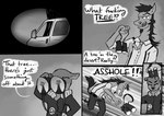 2022 absurd_res anthro binoculars bomber_jacket car clothed clothing comic dialogue digital_media_(artwork) duo english_text equid equine fur greyscale hair halcyon_(series) headgear hi_res horse lost_andsafe male mammal manager_(halcyon) medium_truck monochrome mustelid open_mouth otter outside patch_(fabric) pilot_(halcyon) plant simple_background text tree truck_(vehicle) van vehicle