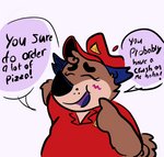 anthro black_nose blush bulge canid canine canis clothed clothing comic crimson_hound delivery_(commerce) delivery_employee dialogue dizzysauce_nsfw domestic_dog english_text food food_carrier food_delivery green_eyes hat headgear headwear hi_res male mammal open_mouth pizza pizza_delivery pizza_delivery_carrier red_clothing red_shirt red_topwear shirt simple_background smile solo standing text topwear white_background