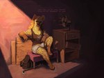 2024 4:3 4_toes alekksandar ambiguous_gender annoyed anthro barefoot bottomwear clothed clothing conditional_dnp crowbar digital_media_(artwork) english_text feet female hi_res hyena looking_at_viewer mammal marrow_(alekksandar) red_eyes shirt shorts sitting solo spotted_hyena tank_top text toes tools topwear